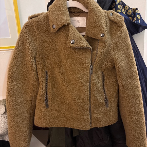 ZARA Woman Teddy Moto Jacket – Size S – Camel - Picture 1 of 4